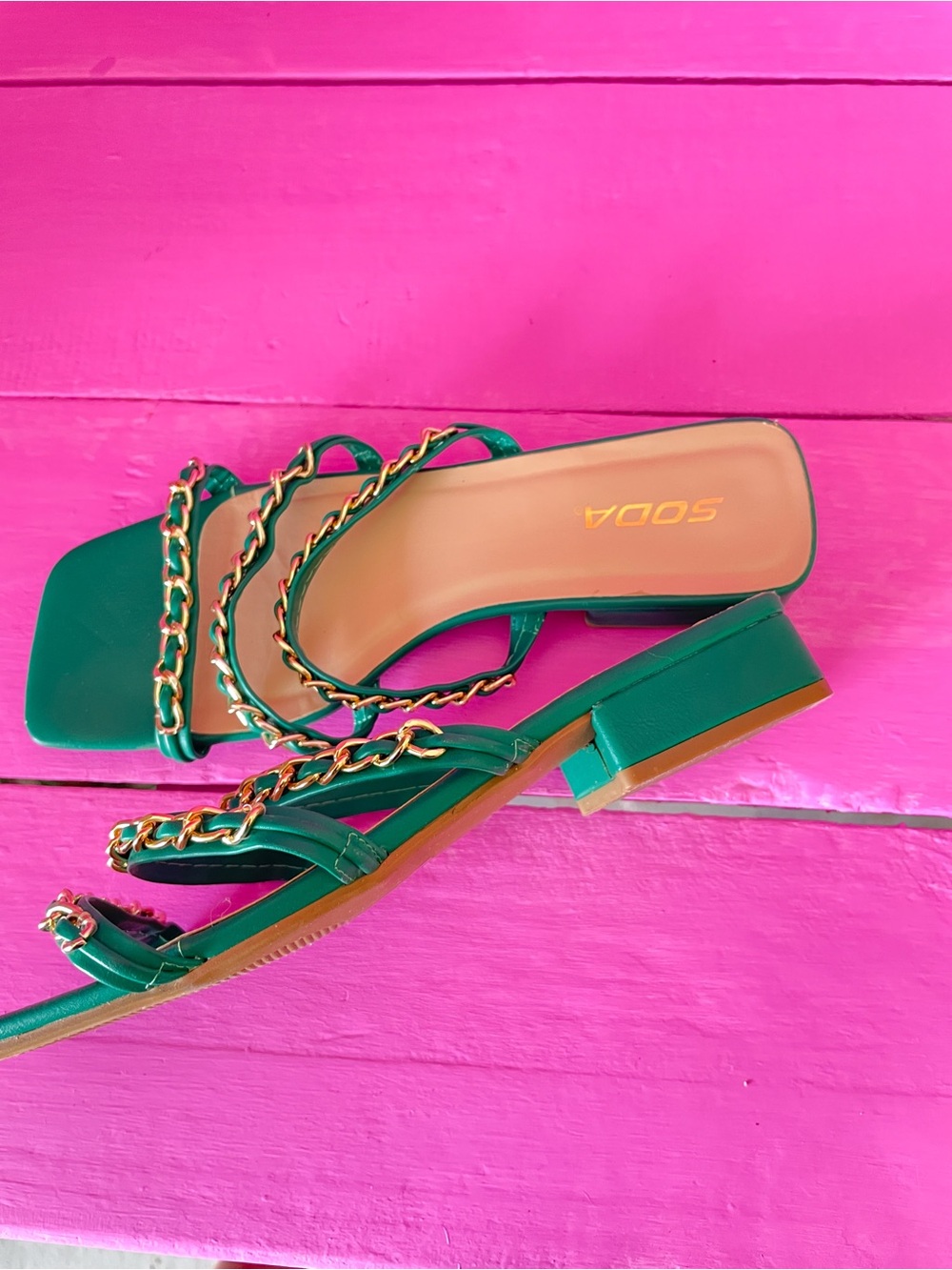 Soda Green Chain-Strap Block Heel Sandals